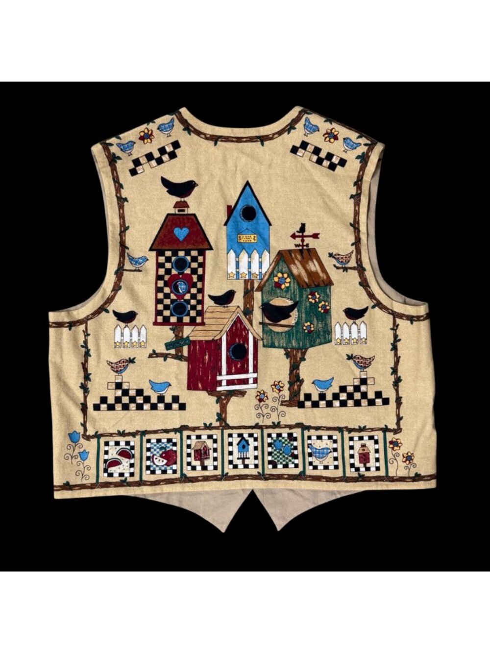 Handmade Womens Vest Folk Art Birds Birdhouse Cottagecore Button Front Vintage - Picture 3 of 5